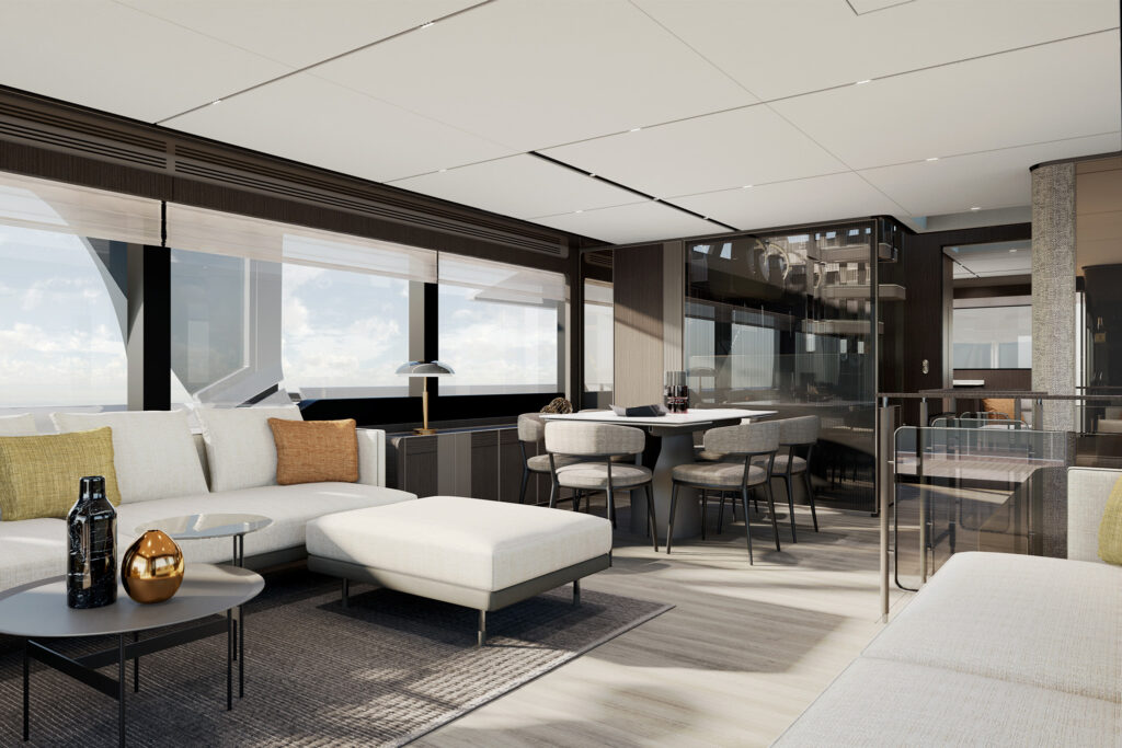 salone principale yacht arredi moderni grigio bianco nero