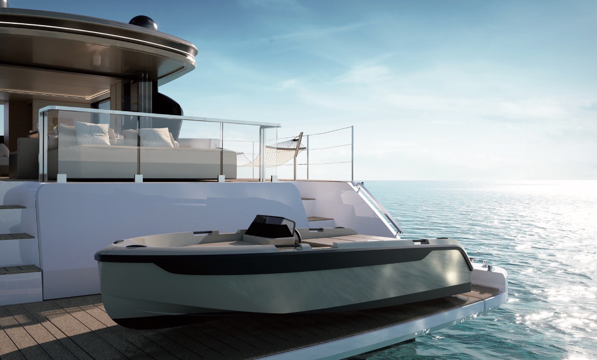 aumatec Tenderlux 350 è un ten- der di lusso di 3,39 metri, progettato per Azimut Yachts, con motorizza- zione elettrica da 15 kW o endoter- mica da 90 CV, scafo leggero e mate- riali ecosostenibili, dotato di pavi- mentazione in sughero o teak e capacità fino a 5 persone.