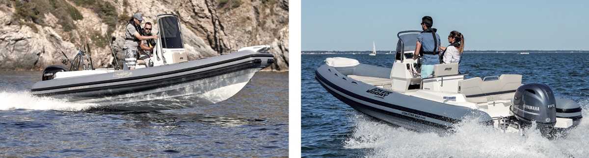 Due i progetti sviluppati per il cantiere Joker Boat: a sinistra il 580 Barracuda, realizzato da Luca Macchi in collaborazione con il pescatore Mirko Serra e concepito per la pesca sportiva, con vasca del vivo da 130 litri, spazi ottimizzatie motorizzazioni fino a 130 HP; a destra il 580 Plus, sempre firmato da Luca Macchi, che condivide scafo e dimensioni con il Barracuda, ma il layout è studiato per la famiglia e il diporto, con doppio prendisole, consolle spaziosa e gavoni capienti.