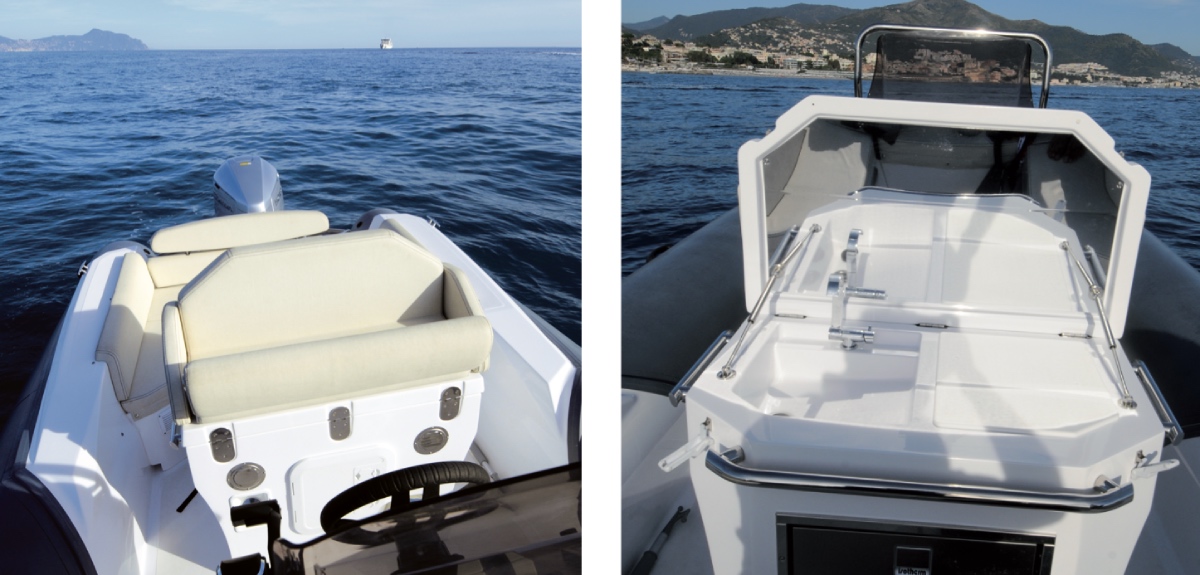cucina e area di pilotaggio del gommone natante